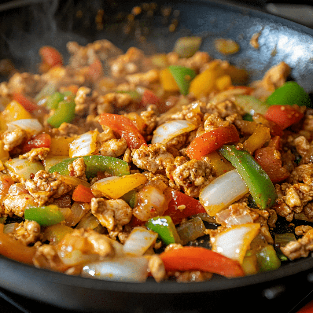 The Best Cajun Chicken Sloppy Joes – Creamy, Spicy & Quick 7 Ground chicken for Cajun Chicken Sloppy Joes in skillet