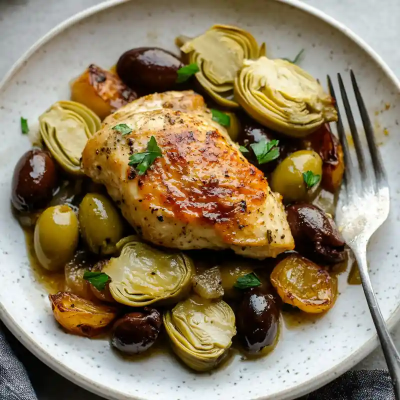 Mediterranean Lemon Chicken with Artichokes and Olives – The Best! 6 plated lemon chicken olives square