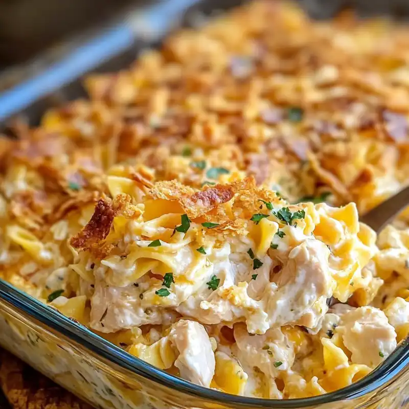 Million Dollar Chicken Noodle Casserole Recipe – The Best Ever 7 Spoonful of rich chicken noodle casserole with creamy sauce and crispy golden topping