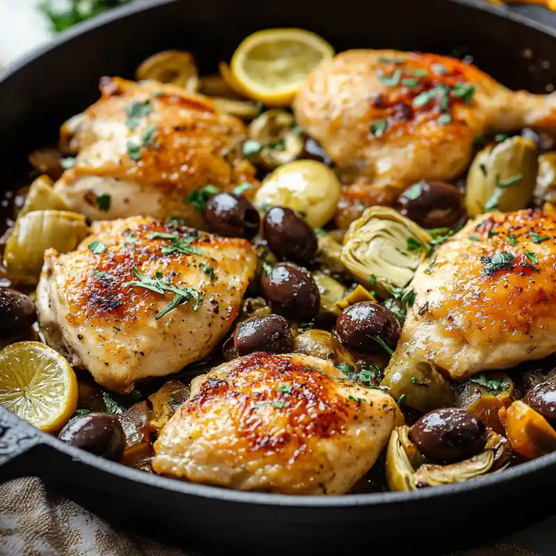 Mediterranean Lemon Chicken with Artichokes and Olives – The Best! 7 Golden lemon chicken thighs with olives and artichokes in cast iron skillet